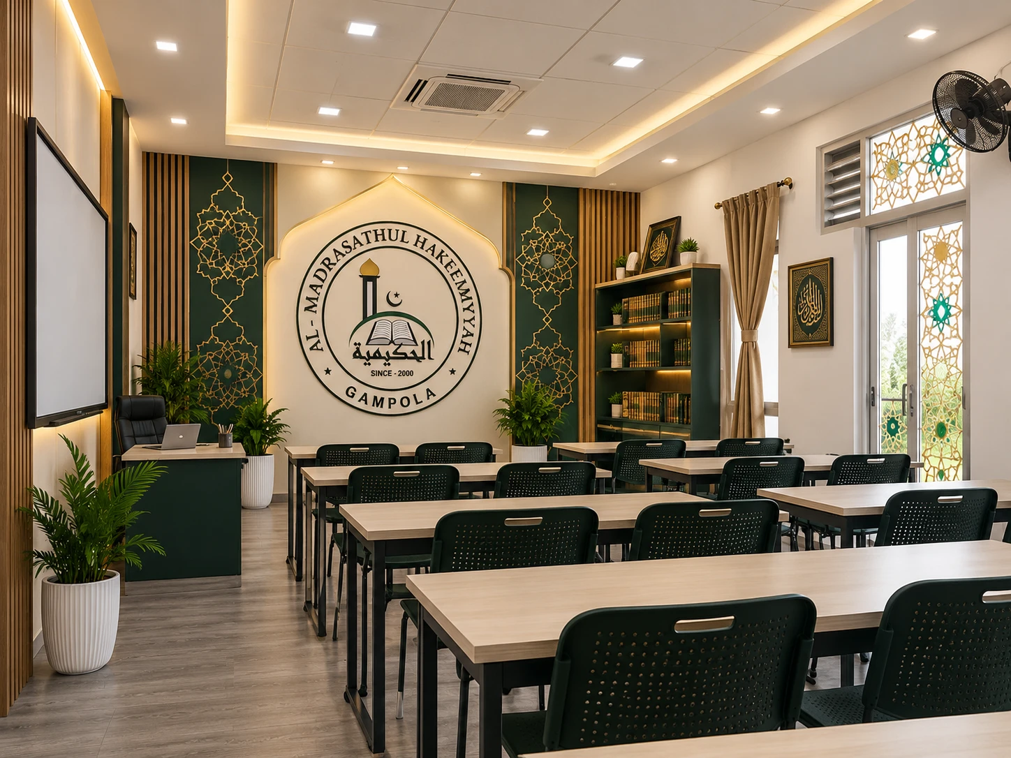 A classroom with rows of desks facing a wall bearing the madrasa badge, framed by green and gold geometric panels